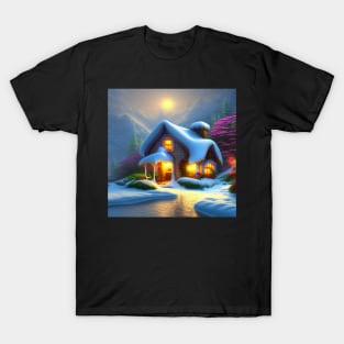 Magical Fantasy Cottage with Lights In A Snowy Scene, Scenery Nature T-Shirt